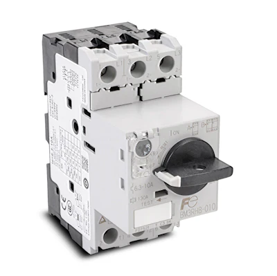 Figure 3: Instead of specifying separate overcurrent protective devices and motors starters, designers can choose an all-in-one Fuji manual motor starter with integrated circuit breaker from AutomationDirect. Paired with contactors, a compact forward or reversing starter can be quickly configured.