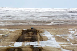 This March 11, 2020 photo provided by the Bureau of Land Management shows the proposed route of the Keystone XL oil pipeline where it crosses into the U.S. from Canada in Phillips County, Mont. A Canadian company said Monday, April 6, 2020, that it's started construction on the long-stalled Keystone XL oil sands pipeline across the U.S.-Canada border, despite calls from tribal leaders and environmentalists to delay the $8 billion project amid the coronavirus pandemic.