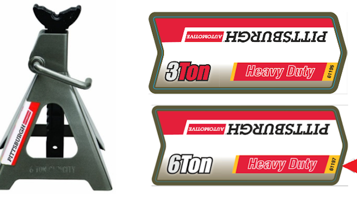 The 61196 and 61197 jack stands can be identified by checking the item number found on the yellow part of the label on the base of each jack stand.