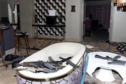 The interior of Stephen Paddock's 32nd floor room of the Mandalay Bay hotel in Las Vegas after a mass shooting.