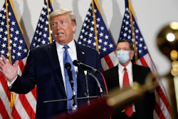 President Donald Trump speaks with reporters after meeting with Senate Republicans.