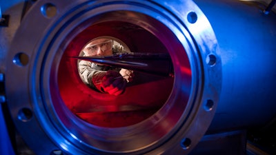 Cadet 2nd Class Eric Hembling uses a Ludwieg Tube to measure the pressures, temperatures and flow field of various basic geometric and hypersonic research vehicles at Mach 6 in the U.S. Air Force Academy's Department of Aeronautics, Colorado Springs, Colo., Jan. 31, 2019.