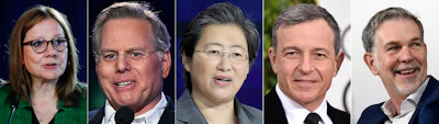 This photo combo shows from left, General Motors Chairman and Chief Executive Officer Mary Barra, David M. Zaslav, President and Chief Executive Officer of Discovery Communications, Lisa Su, president and CEO of AMD, Walt Disney Company Chairman and CEO Robert A. Iger and Netflix Founder and CEO Reed Hastings.