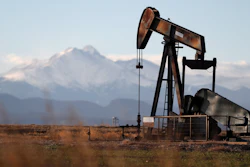 A pump jack over an oil well along Interstate 25 near Dacono, Colo.