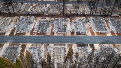 This Dec. 3, 2018, file photo, shows homes leveled by the Camp Fire line the Ridgewood Mobile Home Park retirement community in Paradise, Calif. Pacific Gas & Electric limped into bankruptcy vilified for its long-running neglect of a crumbling electrical grid that ignited horrific Northern California wildfires that left entire cities in ruins. After nearly a year-and-a-half of wrangling during one of the most complex bankruptcy cases in U.S. history, it’s unclear if PG&E is now any better equipped to protect the 16 million people who rely on it for power.