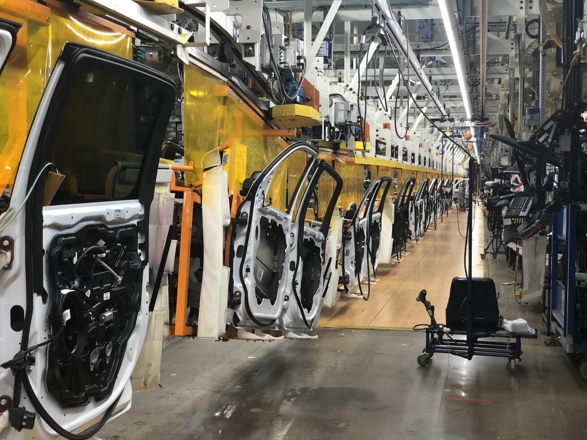 Weld curtains hang across the door line at FCA’s Sterling Heights (Mich.) Assembly Plant to protect employees from the spread and transmission of COVID-19.