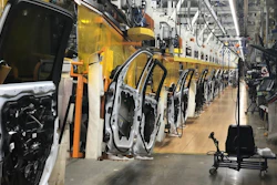 Weld curtains hang across the door line at FCA’s Sterling Heights (Mich.) Assembly Plant to protect employees from the spread and transmission of COVID-19.