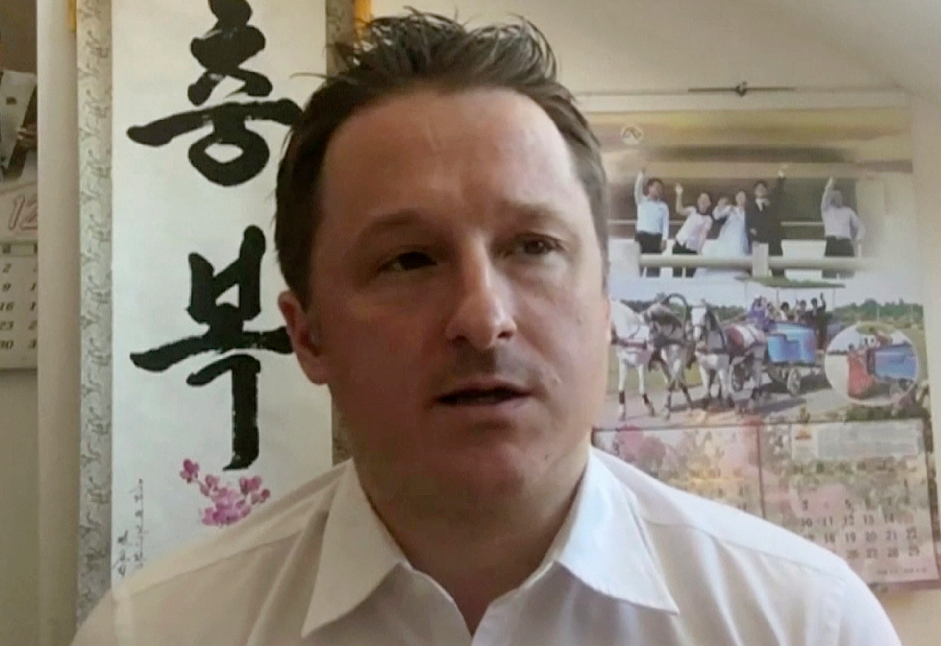Michael Spavor, director of Paektu Cultural Exchange, talks during a Skype interview in Yanji, China.