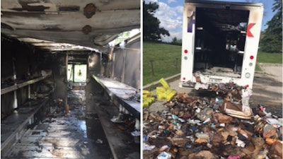 The damage resulting from a lithium-ion battery fire in a FedEx truck is show in these photos taken June, 2, 2016. Left: The fire damage to the FedEx truck and its contents. Right: The contents of the truck were removed by firefighters following the fire. Photos courtesy of FedEx.