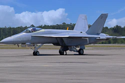 The first Super Hornet for the U.S. Navy's Blue Angel flight demonstration squadron sits on the flight ramp at Boeing's Cecil Field facility in Jacksonville, Florida. The validation and verification aircraft will not be painted in the familiar blue and yellow paint scheme until flight testing is complete.