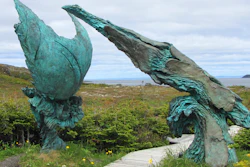 ‘The Meeting of Two Worlds,’ a sculpture at L'Anse aux Meadows, commemorates the meeting of Vikings and Native Americans around the year 1000.