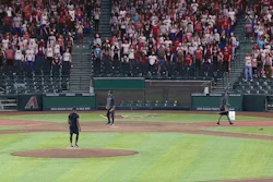 Screen shot from a test of virtual crowds at Chase Field in Phoenix, July 2020.