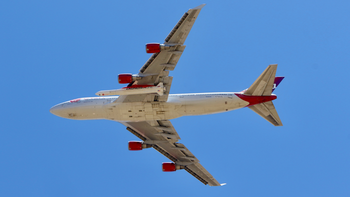 Virgin Orbit's 'Cosmic Girl' Boeing 747-400 taking off from Mojave Air and Space Port north of Los Angeles, May 25, 2020.
