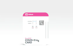 This image provided by Abbott Laboratories in August 2020 shows the company's BinaxNOW rapid COVID-19 nasal swab test. The Food and Drug Administration on Wednesday, Aug. 26, 2020, authorized BinaxNOW, the first rapid coronavirus test that doesn’t need any special computer equipment to get results.