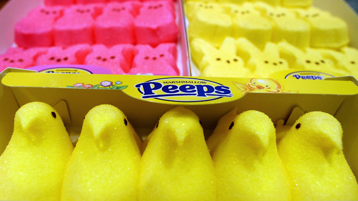 In this 2003 file photo, boxes of Marshmallow Peeps are lined up at the Just Born factory in Bethlehem, PA.