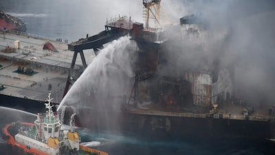 Ships fighting a fire on the MT New Diamond about 30 nautical miles off the coast of Sri Lanka, Sept. 8, 2020.