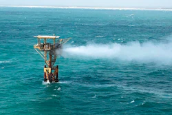 In this image released by the U.S. Coast Guard, natural gas is release from an oil platform approximately three miles offshore of Corpus Christi, Texas, Tuesday, Sept. 1, 2020. Officials responded Tuesday to a release from a well platform off the shore of Texas and the Coast Guard has a pollution response team on the beach to monitor the situation. There were no immediate reports of injuries.