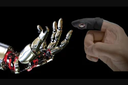 Finger glove with integrated soft skin stretch device, contrasted with a stylized robotic hand.