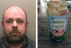 This undated file photo combination issued by Hertfordshire Constabulary shows Nigel Wright and a jar of Heinz baby food that was laced with fragments of a craft knife by Wright.