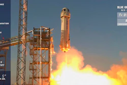 In this image from video made available by Blue Origin, the New Shepard rocket lifts off from its launchpad in Texas, to test new lunar-landing technology for NASA that could help put astronauts back on the moon by 2024.