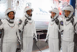 In this Thursday, Sept. 24, 2020, image released by SpaceX/NASA, NASA’s SpaceX Crew-1 astronauts, from left, mission specialist Shannon Walker, pilot Victor Glover, and Crew Dragon commander Michael Hopkins, all NASA astronauts, and mission specialist Soichi Noguchi, Japan Aerospace Exploration Agency (JAXA) astronaut, gesture during crew equipment interface testing at SpaceX headquarters in Hawthorne, Calif. SpaceX’s second astronaut flight is off until mid-November 2020 because red lacquer dripped into tiny vent holes in two rocket engines that now must be replaced.