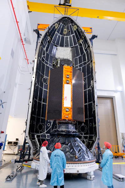 In this Nov. 3, 2020 photo, provide by the European Space Agency, the Sentinel-6 satellite is placed inside the upper stage of a Falcon 9 rocket. The joint European-U.S. satellite mission to improve measurements of sea level rise is being launched from Vandenberg Air Force Base in California on Saturday Nov. 22, 2020. The Sentinel-6 Michael Freilich satellite, named after the late director of NASA’s Earth Science Division, is seen as a crucial tool for monitoring the impact of global warming on coastlines, where billions of people face the risk of encroaching oceans in the coming decades.