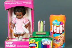 This photo, provided by the National Toy Hall of Fame, shows Baby Nancy, by Shindana Toys; Sidewalk Chalk, by Crayola; and Jenga, by Parker Brothers, left to right, that were inducted into the National Toy Hall of Fame on Thursday, Nov, 5, 2020. The honorees were chosen by a panel of experts from among 12 finalists and will be on permanent display inside The Strong National Museum of Play, in Rochester, New York.