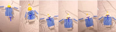A pneumatic, swimming robot made from plastic sheets with curved folds.