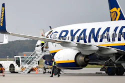 A Ryanair plane parks at the airport in Weeze, Germany.