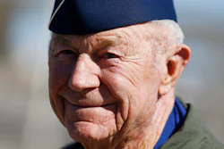 Retired Air Force Brig. Gen. Charles Yeager talks to members of the media following a re-enactment flight commemorating his breaking of the sound barrier 65 years earlier, Nellis Air Force Base, Nev., Oct. 14, 2012.