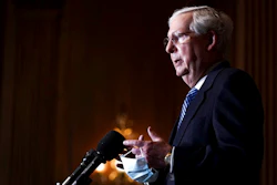 Senate Majority Leader Mitch McConnell of Kentucky talks during a news conference.