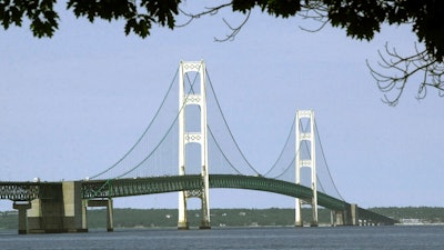 The Mackinac Bridge seen from Mackinaw City, Mich., July 19, 2002.