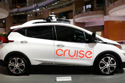 In this Jan. 16, 2019, file photo, Cruise AV, General Motor's autonomous electric Bolt EV is displayed in Detroit. General Motors' self-driving car company is sending vehicles without anybody behind the wheel in San Francisco as it navigates its way toward launching a robotic taxi service that would compete against Uber and Lyft in the hometown of the leading ride-hailing services. The move announced Wednesday, Dec. 9, 2020, by GM-owned Cruise come two months after the company received California’s permission to fully driverless cars in the state.