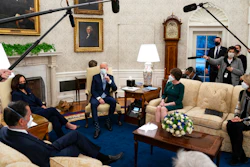 President Joe Biden and Vice President Kamala Harris in the Oval Office with, from left, Sen. Mitt Romney, R-Utah, Sen. Susan Collins, R-Maine, and Sen. Lisa Murkowski, R-Alaska, Feb. 1, 2021.