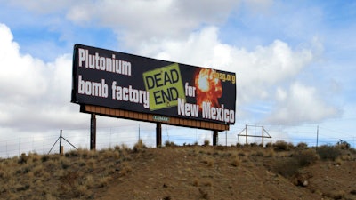 Los Alamos Study Group billboard near Bernalillo, N.M., Feb. 17, 2021.