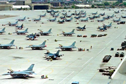 F-16 Fighting Falcons on the tarmac at Luke Air Force Base in Glendale, Ariz., April 14, 1999.