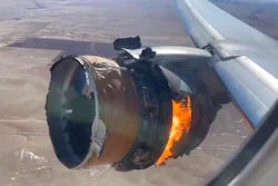 In this image taken from video, the engine of United Airlines Flight 328 is on fire after after experiencing 'a right-engine failure' shortly after takeoff from Denver International Airport, Saturday, Feb. 20, 2021, in Denver, Colo. The Boeing 777 landed safely and none of the passengers or crew onboard were hurt.
