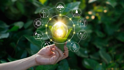 Ecology Concept Hand Holding Light Bulb Against Nature On Green Leaf With Icons Energy Sources For Renewable, Sustainable Development, Save Energy 1158790704 1237x850