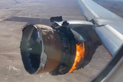 In this image taken from video, the engine of United Airlines Flight 328 is on fire after after experiencing a 'right-engine failure' shortly after takeoff from Denver International Airport, Saturday, February 20, 2021.
