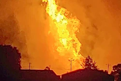 A fire burns after an explosion near Junction City, Ky., Aug. 1, 2019.