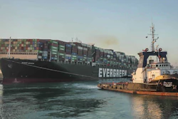 In this photo released by Suez Canal Authority, the Ever Given, a Panama-flagged cargo ship, is pulled by one of the Suez Canal tugboats, in the Suez Canal, Egypt on Monday, March 29.