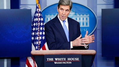 In this Jan. 27, 2021, file photo, Special Presidential Envoy for Climate John Kerry speaks during a press briefing at the White House in Washington. The world’s hopes for curbing climate change hinge on action by two giant nations whose relations are deteriorating. China and the United States both say they are intent on retooling their economies to burn less climate-wrecking coal, oil and gas. But tensions between them threaten their ultimate success.