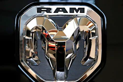 This Feb. 13, 2020 photo shows the Ram truck logo at the 2020 Pittsburgh International Auto Show in Pittsburgh. The company that makes heavy-duty diesel Ram trucks is telling some owners to park them outdoors due to the risk of an engine fire. Fiat Chrysler, now part of Stellantis, is recalling just over 20,000 of the trucks mainly in the U.S. and Canada.