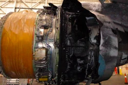 This photo provided by The National Transportation Safety Board shows the damaged engine of United Airlines Flight 328. Federal safety officials are updating their investigation into the engine failure on the United Airlines plane that sent parts of the engine housing raining down on Denver-area neighborhoods last month. The National Transportation Safety Board said Friday, March 5, 2021 that a microscopic exam confirmed that a fan blade that snapped off had telltale signs of fatigue — tiny cracks caused by wear and tear.