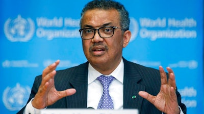 In this Monday, March 9, 2020 file photo, Tedros Adhanom Ghebreyesus, Director General of the World Health Organization speaks during a news conference, at the WHO headquarters in Geneva, Switzerland. When the World Health Organization declared the coronavirus a pandemic one year ago Thursday, March 11 it did so only after weeks of resisting the term and maintaining the highly infectious virus could still be stopped. A year later, the U.N. agency is still struggling to keep on top of the evolving science of COVID-19, to persuade countries to abandon their nationalistic tendencies and help get vaccines where they’re needed most.