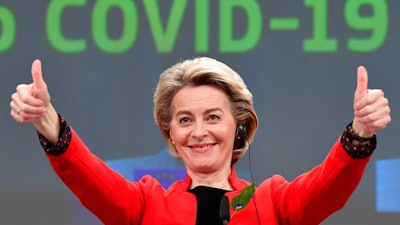European Commission President Ursula von der Leyen after a media conference at EU headquarters in Brussels, March 17, 2021.