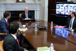 President Joe Biden participates virtually in the CEO Summit on Semiconductor and Supply Chain Resilience in the Roosevelt Room of the White House, Monday, April 12, 2021, in Washington. Seated with Biden are Daleep Singh, Deputy National Security Adviser and Deputy Director of the National Economic Council, clockwise from bottom left, National Economic Council Director Brian Deese, National Security Adviser Jake Sullivan and Commerce Secretary Gina Raimondo.