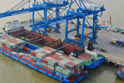 An aerial view of a container port on the Yangtze River in Nantong in eastern China's Jiangsu province on April 8.
