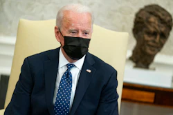 President Joe Biden speaks during a meeting with members of the Congressional Hispanic Caucus in the Oval Office of the White House on Tuesday, April 20, in Washington.