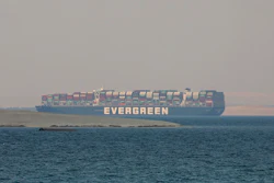 In this March 30, 2021 file photo, the Ever Given, a Panama-flagged cargo ship, is seen in Egypt's Great Bitter Lake. The Japanese owner of the massive container ship that blocked the Suez Canal for nearly a week, halting billions of dollars in maritime commerce, is asking owners of the freight it is carrying to share the cost of the damages demanded by Egyptian authorities.